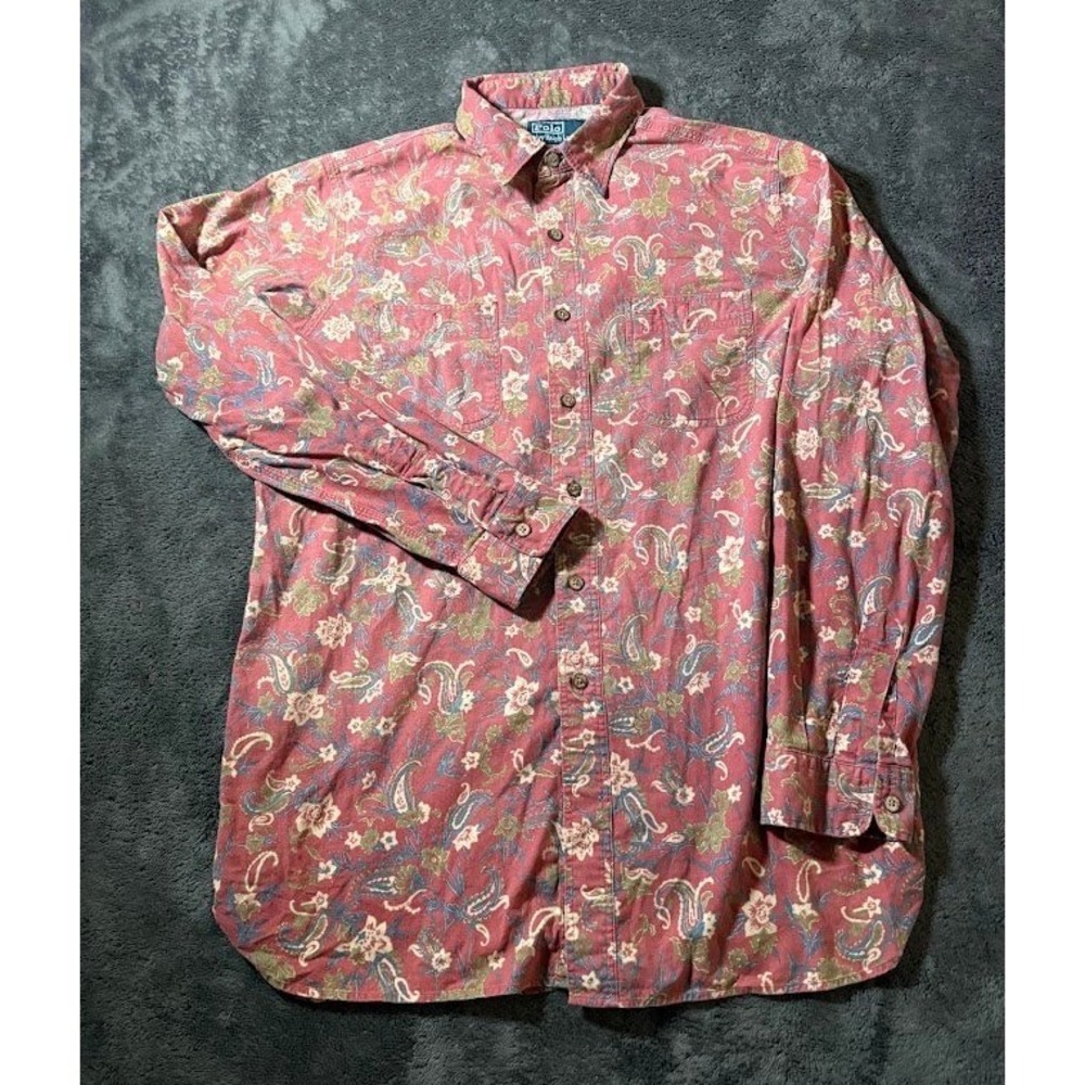 Vintage Polo Ralph Lauren Mens Large Paisley Floral Cotton Button Shirt Red L